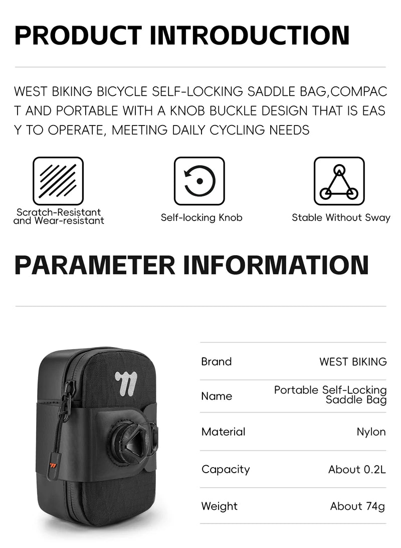 WEST BIKING Mini Bicycle Saddle Bag Knob Self-locking Portable Cycling Tail Bag Tool Storage Bag MTB Road Bike Accessories